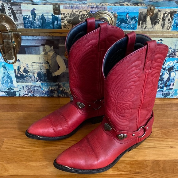 Shoes - Western Cowgirl Leather Boots Red. Embossed Leather. Stitched soles. Size 8M